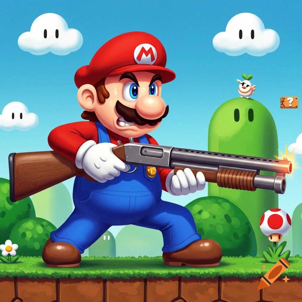 Mario holds a shotgun in a Super Mario Bros. style landscape.