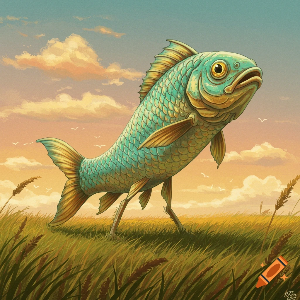 Surreal image of a fish walking on two legs through a grassy field at sunset.