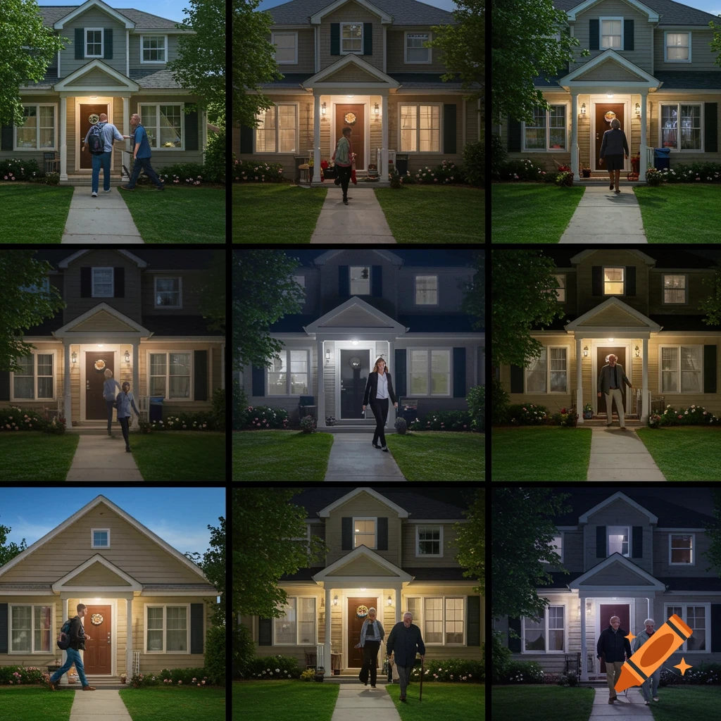 Multiple panels show different individuals walking toward a suburban house at various times of day and night.
