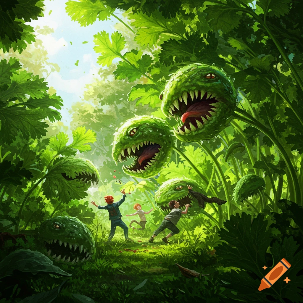 Humans running from large, monstrous cilantro plants in a jungle.