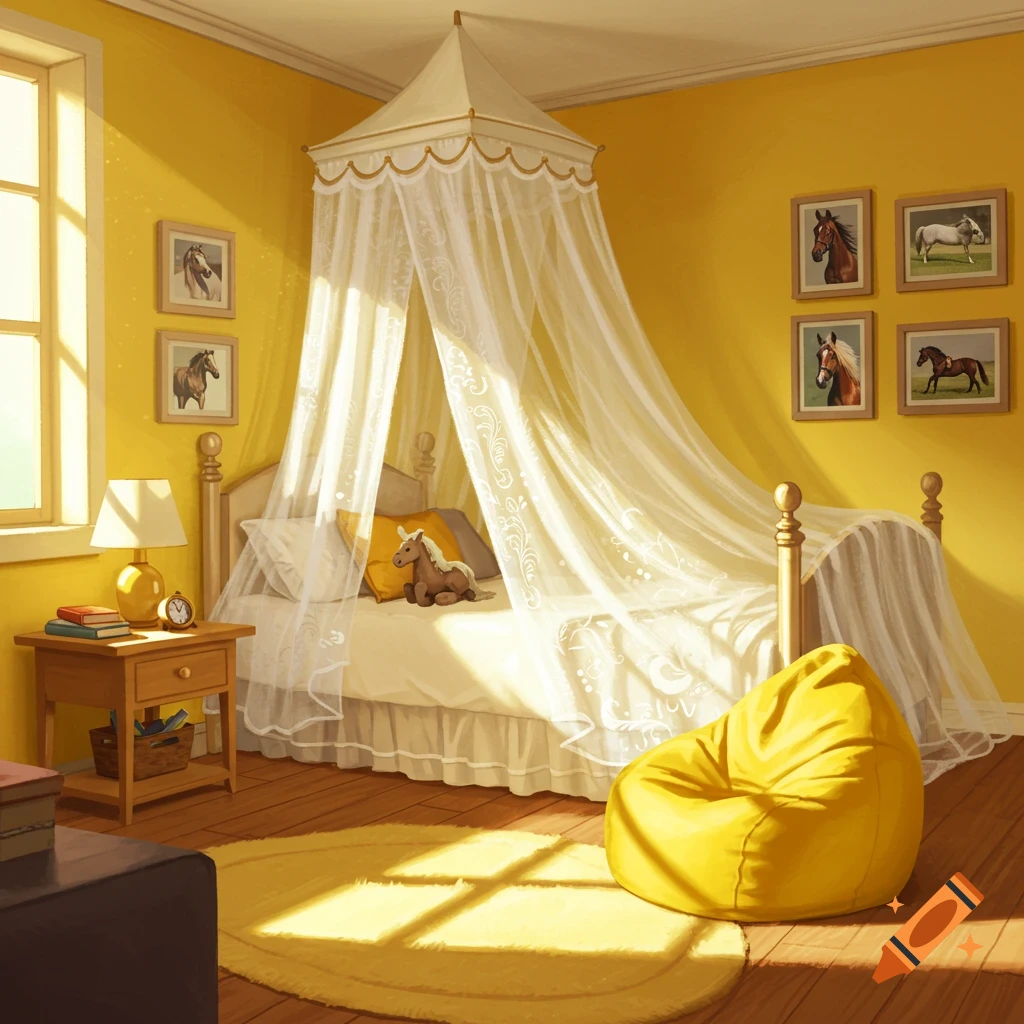 A sunny yellow bedroom with a canopied bed and beanbag.