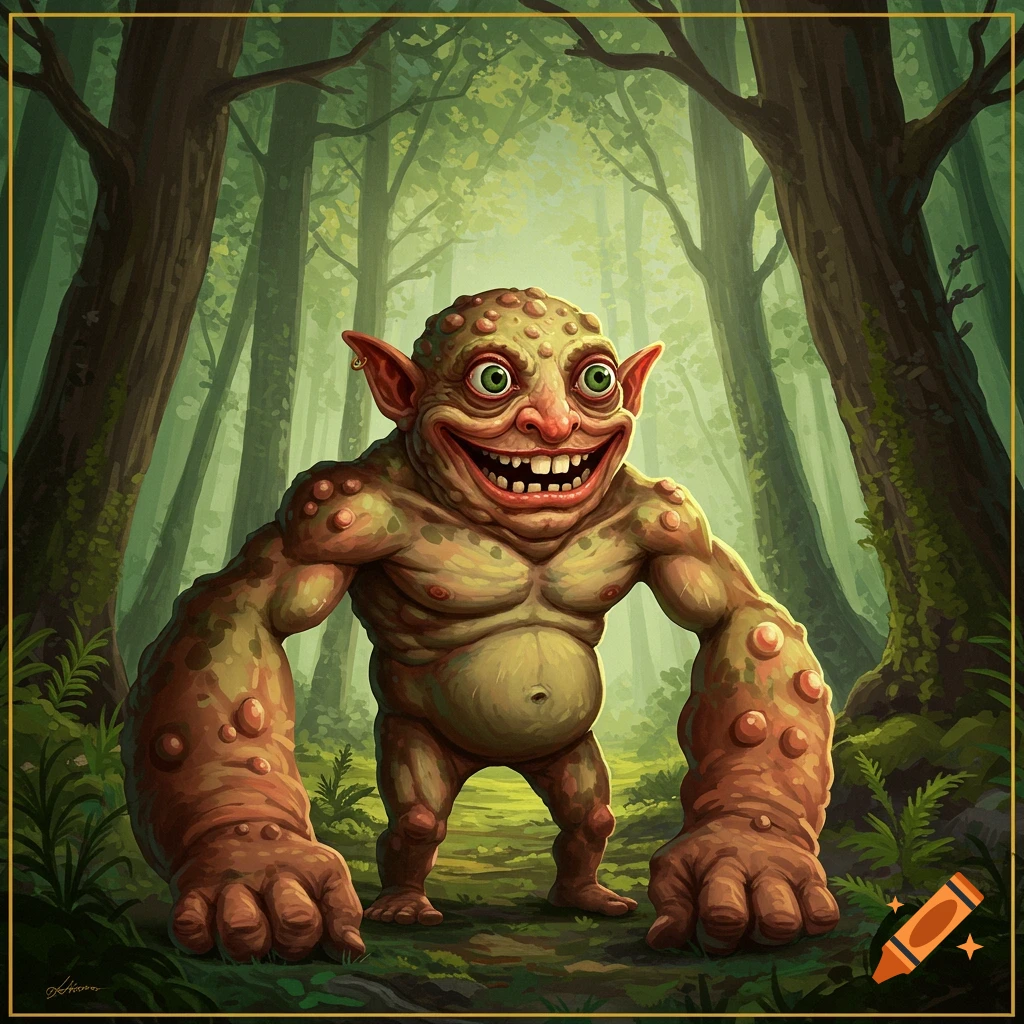 A cartoonish fantasy creature with large arms and a big grin standing in a forest.