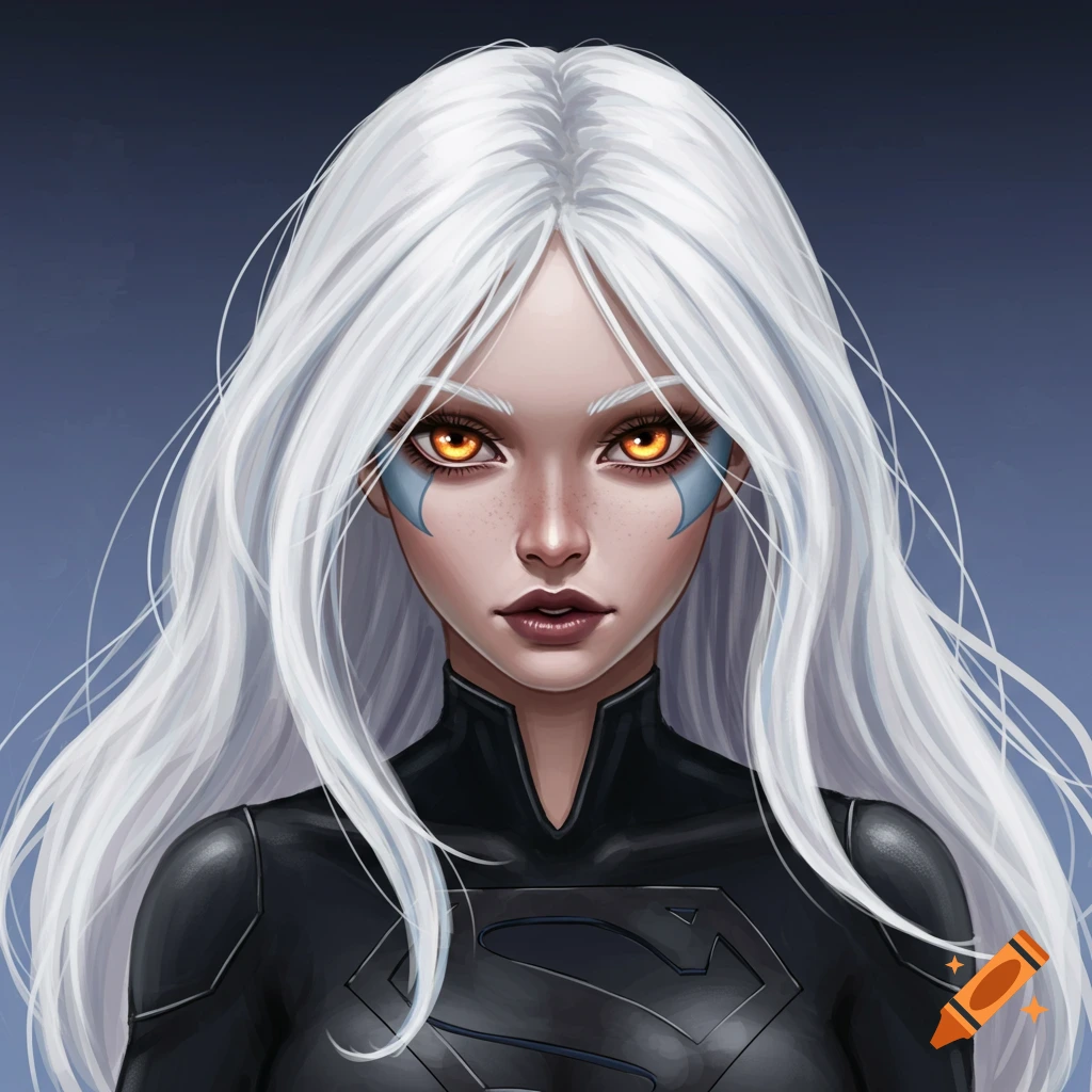 A girl superhero with white hair, orange eyes, and a black super suit with a logo.