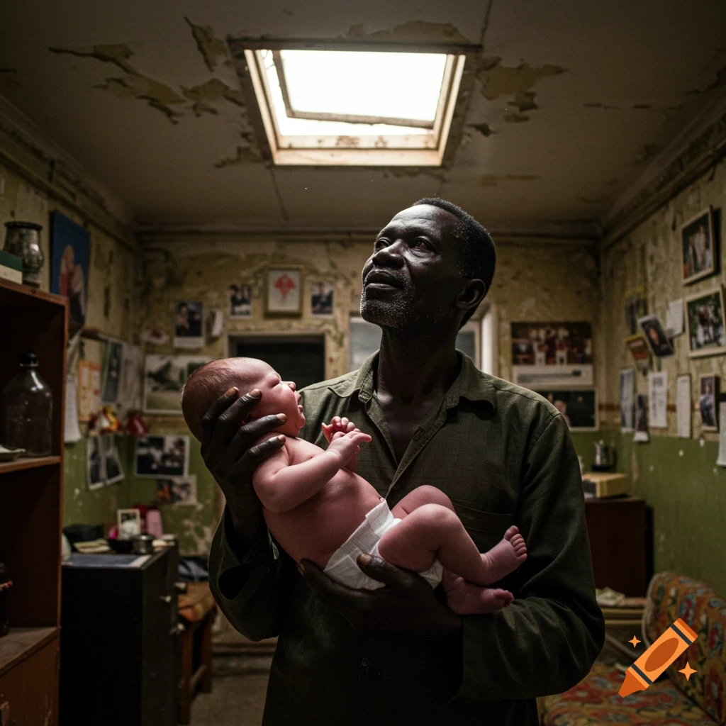 African man holding newborn baby in Russian apartment on Craiyon
