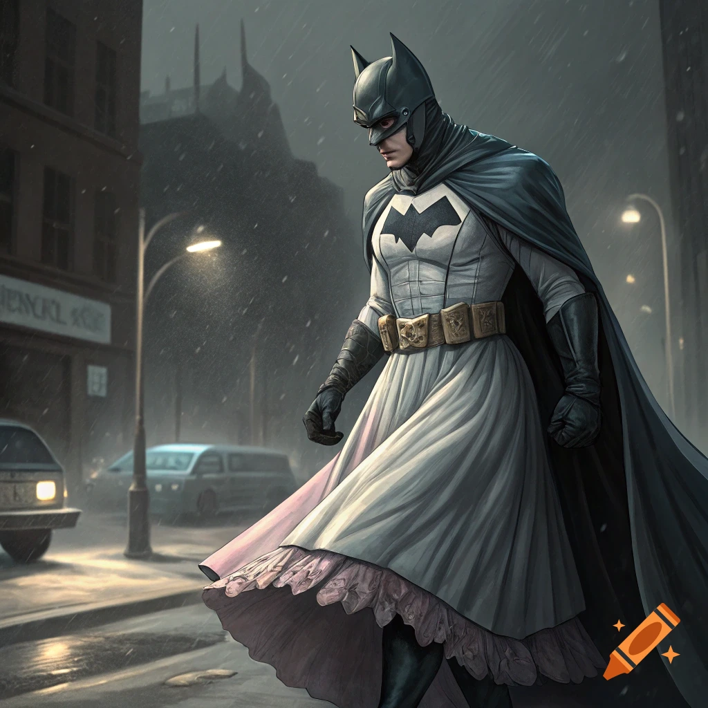Batman in a white dress and cape walks on a rainy city street.