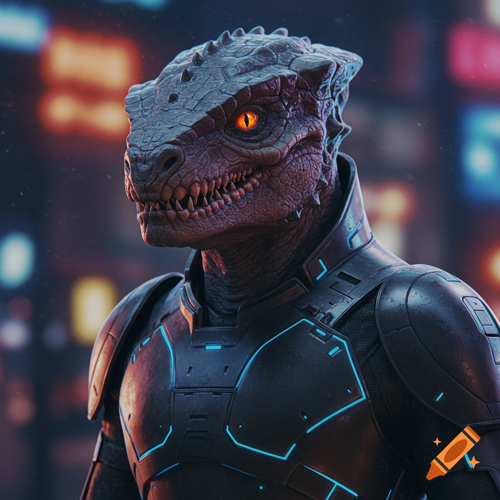 Close-up of a reptilian alien in futuristic dark armor with blue glowing accents against a blurred city background.