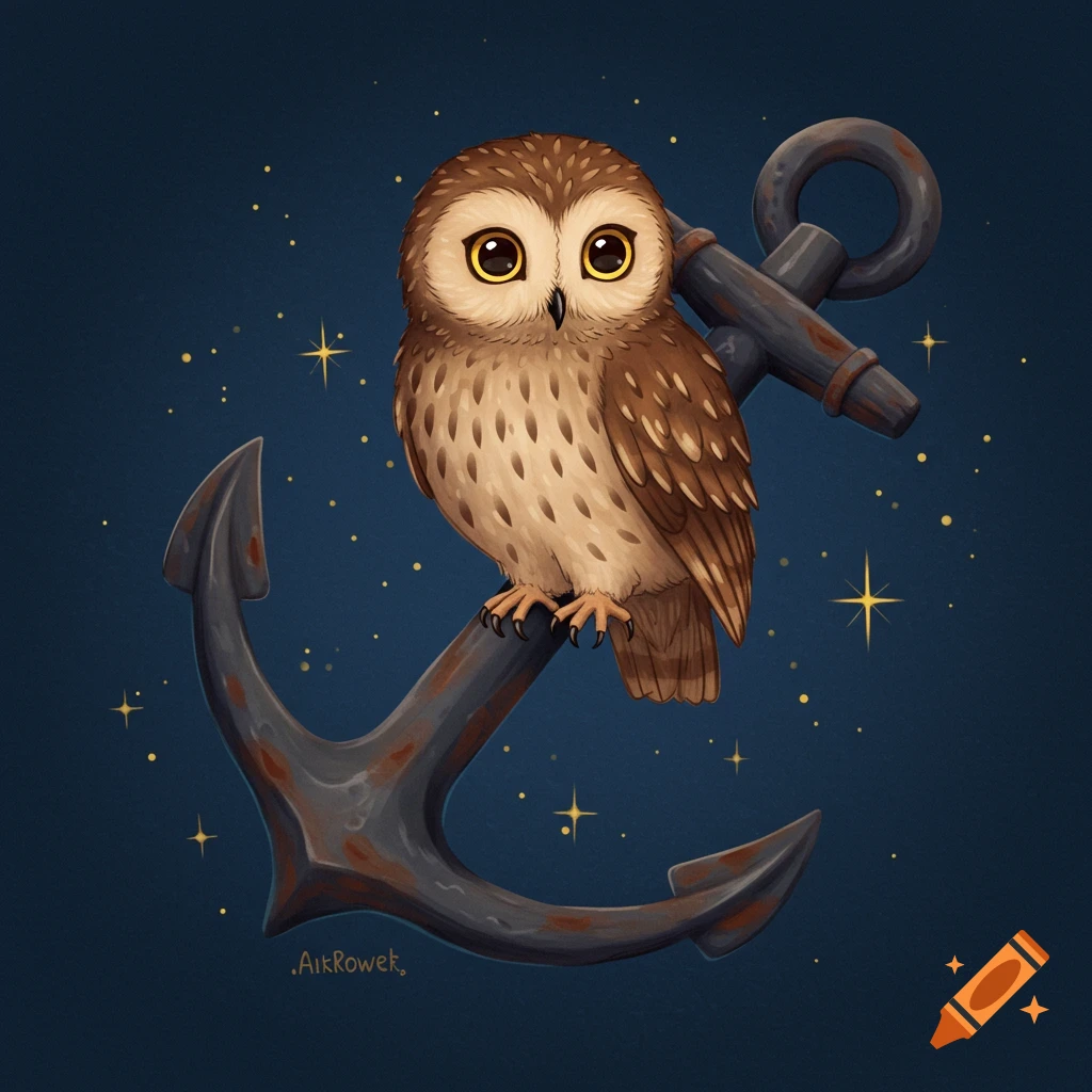 A cute cartoon owl sits on a large rusty anchor against a dark blue starry night sky in an illustration style.