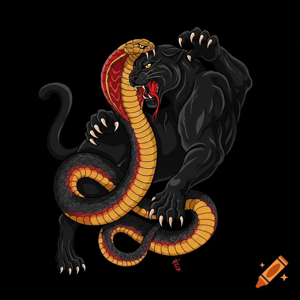 Stylized illustration of a black panther fighting a cobra in American traditional tattoo style.