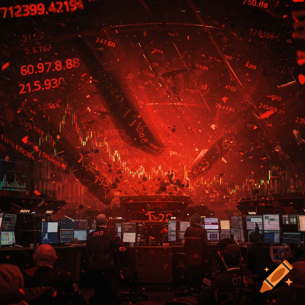 A stock market crash with traders watching screens and chaotic red numbers and charts