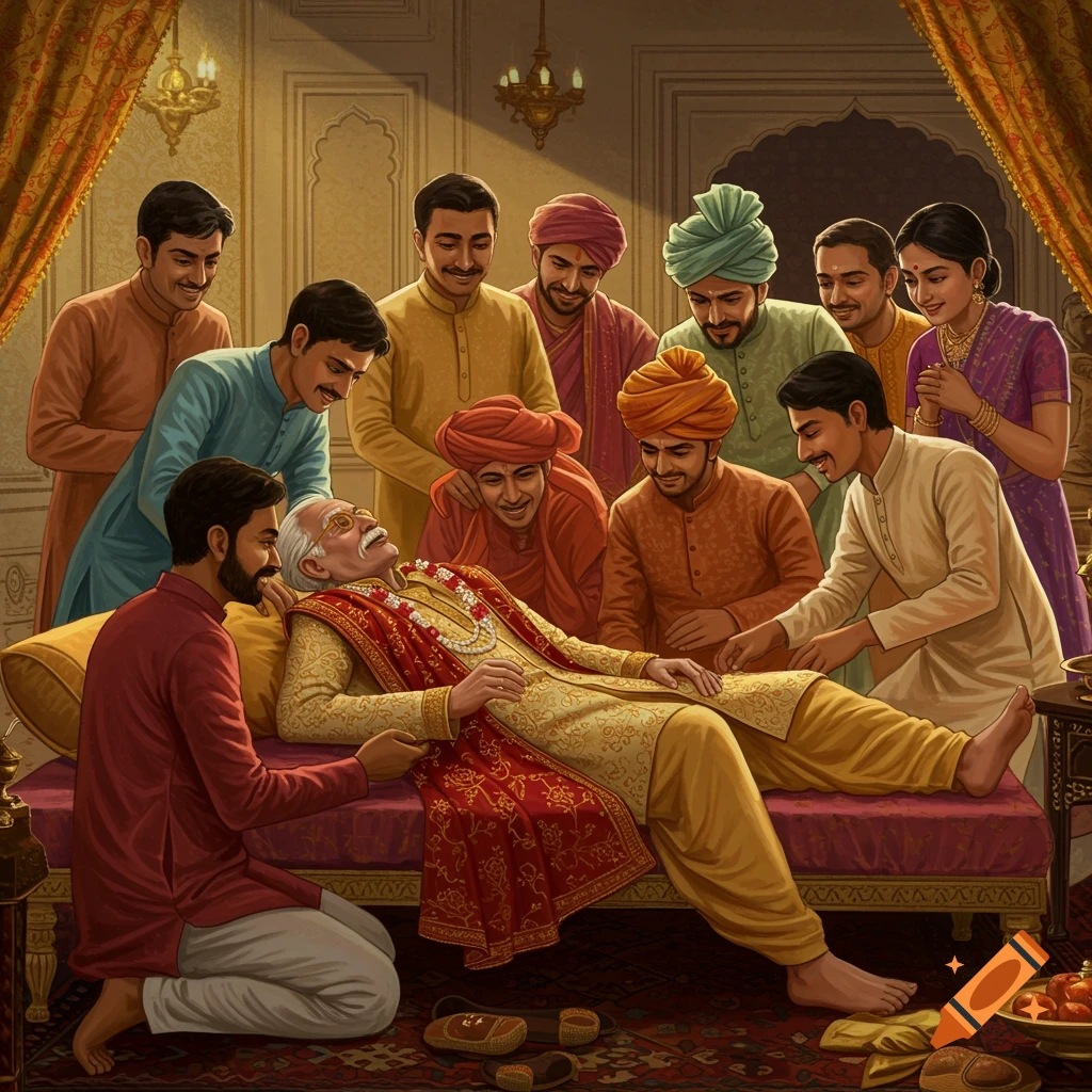 Friends gathered around an elderly man on a bed, getting him ready, in traditional Indian style.