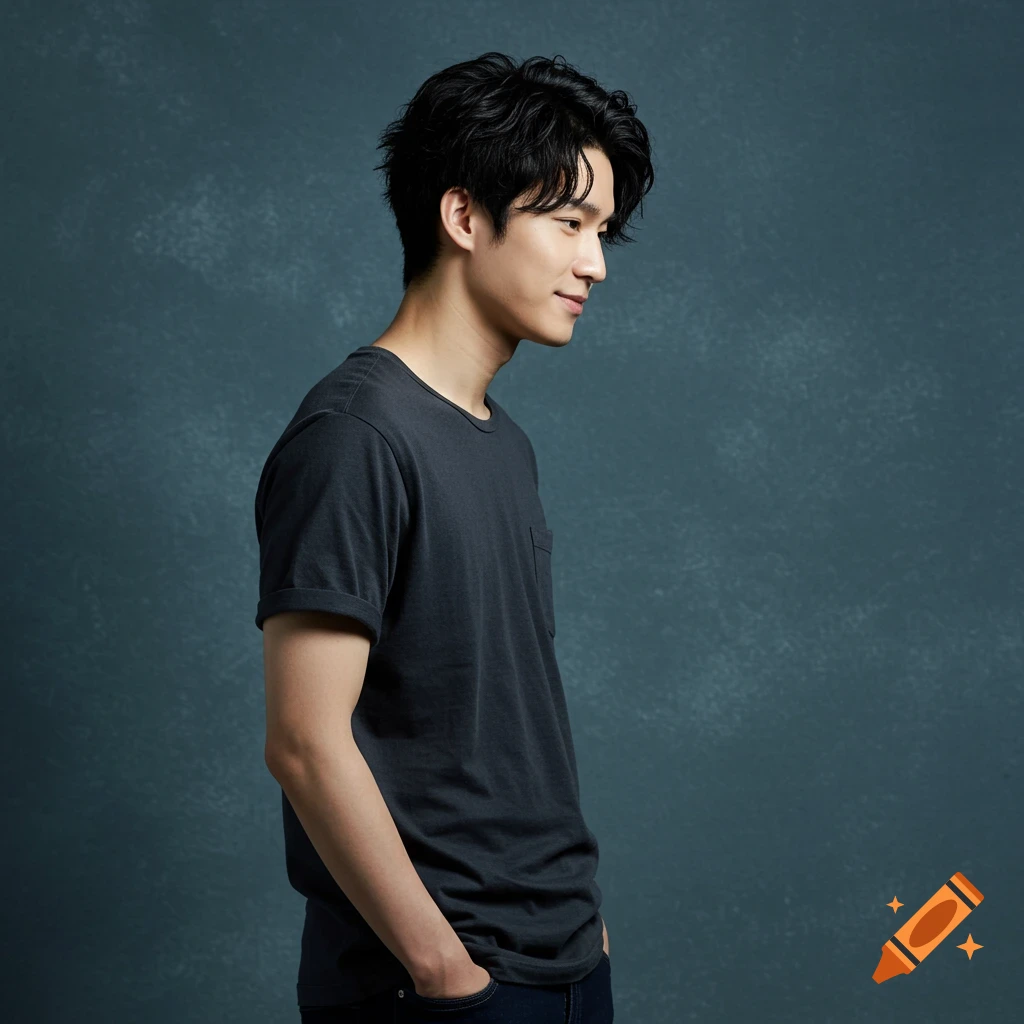 A photo of a young man with black hair wearing a dark t-shirt and jeans, standing sideways.