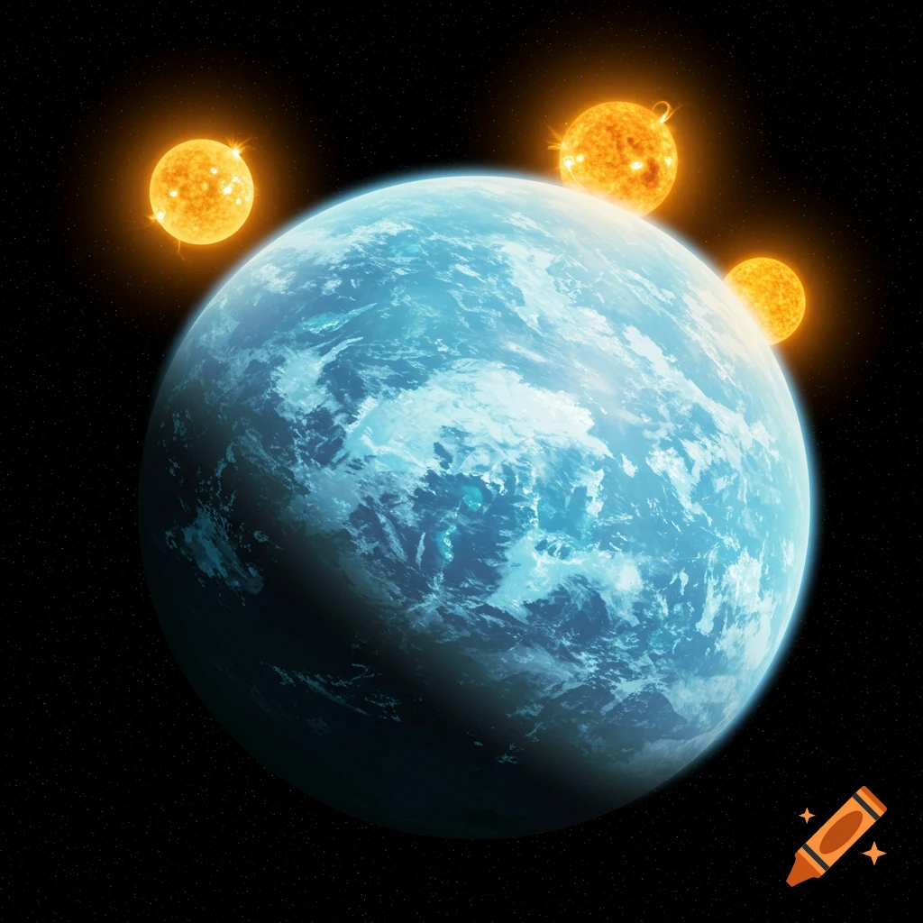 A blue planet with three orange suns in space