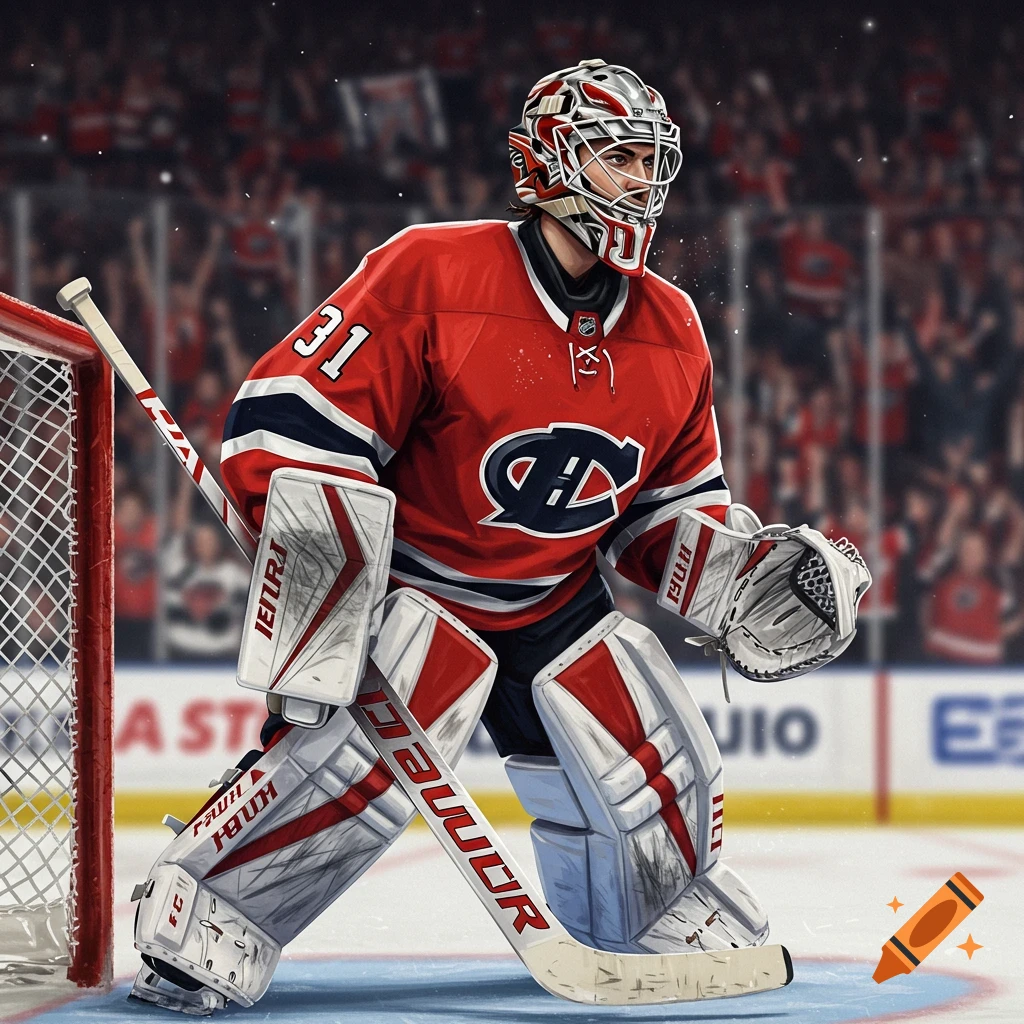 An ice hockey goalie in a red jersey standing in front of a net.