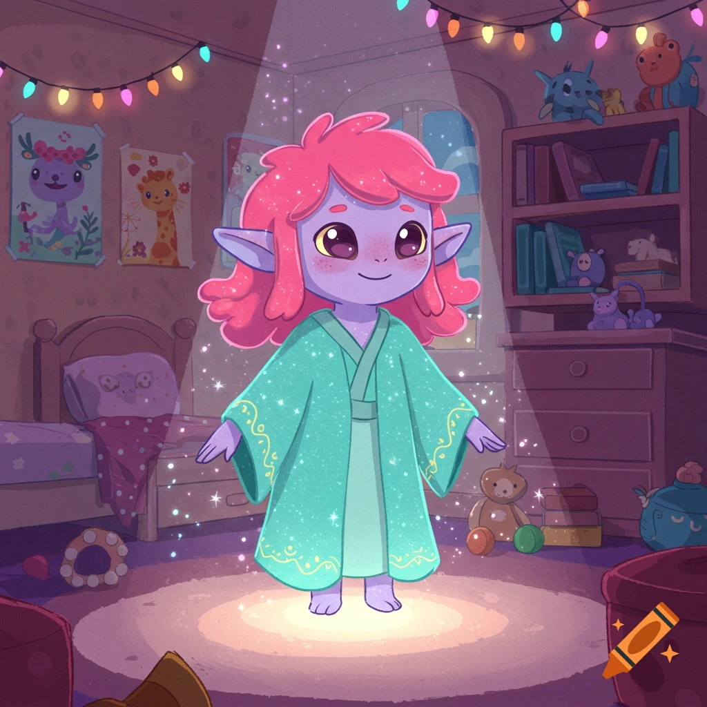 Illustration of a cute pink-haired alien in a green robe standing in a child's bedroom.