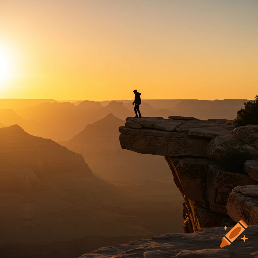 A silhouette of a person standing on a cliff edge overlooking a vast canyon during sunset.
