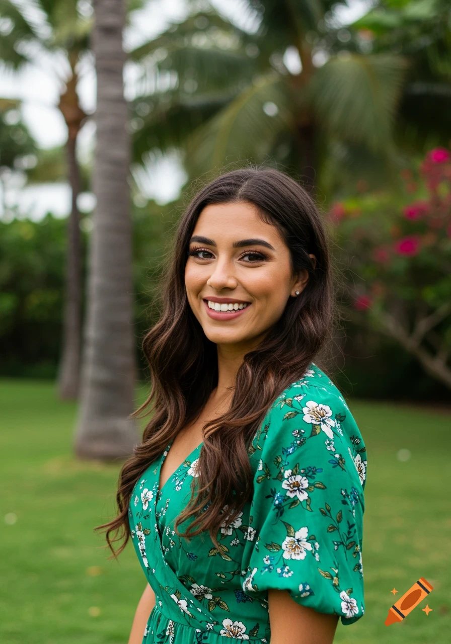 Smiling woman in green floral dress standing in a tropical garden.