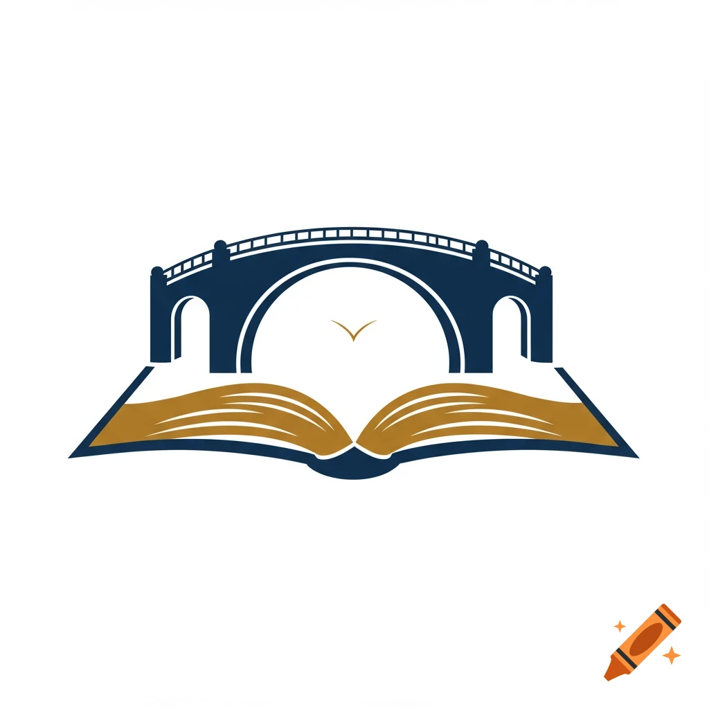 Logo of a blue bridge over an open book.