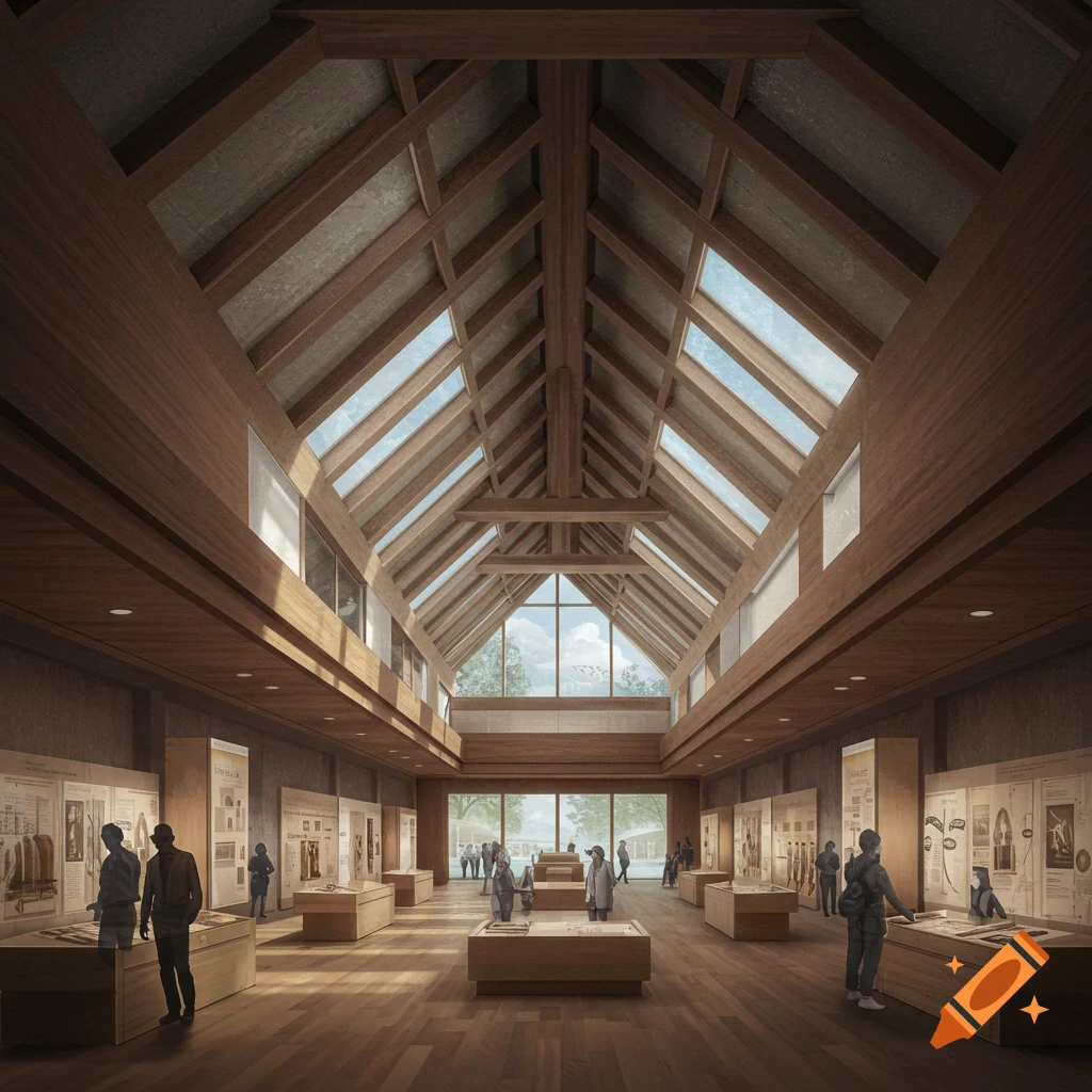 An interior view of a museum with a high wooden beamed ceiling and skylights, featuring exhibit displays and blurry figures.