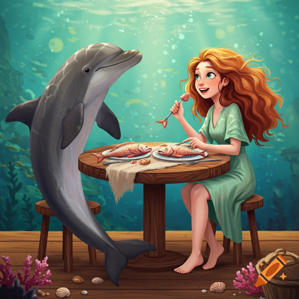 An illustration of a woman and a dolphin sitting at a table underwater, eating fish.