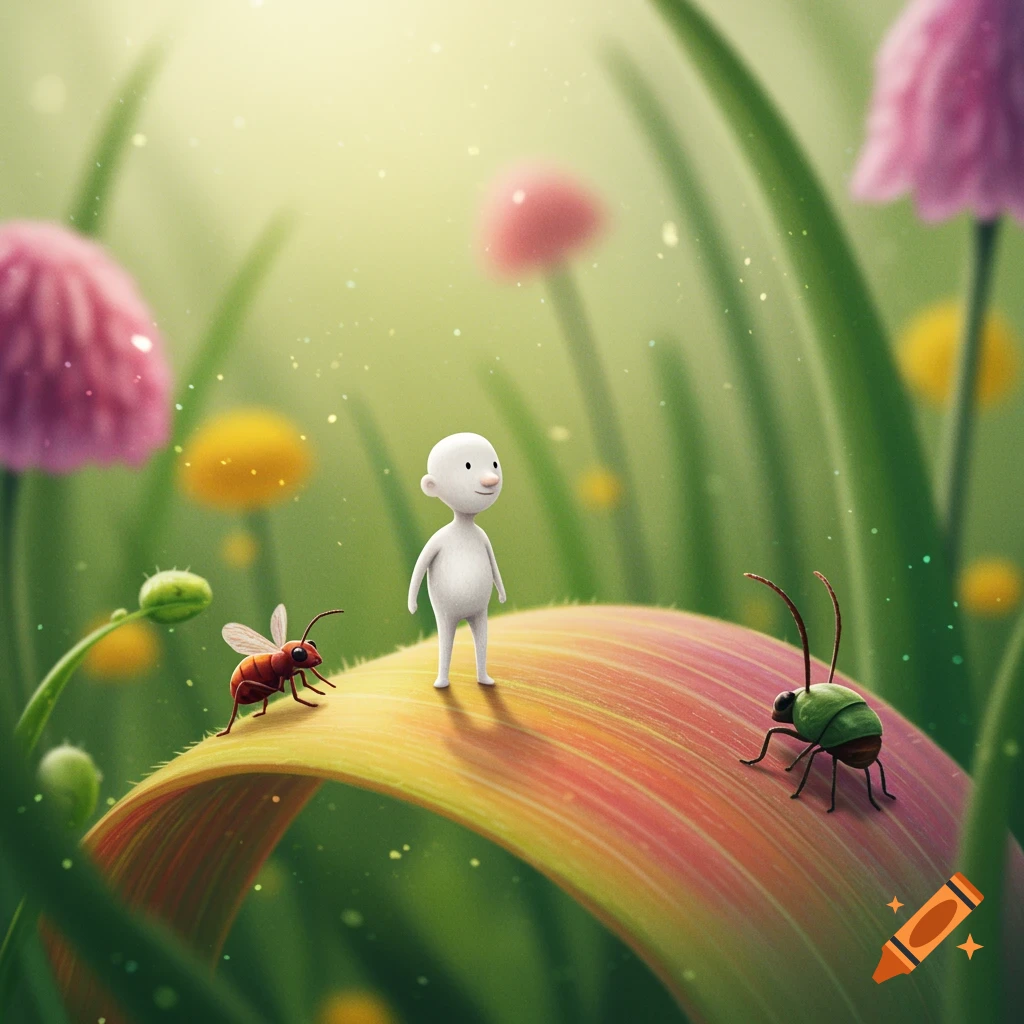 Whimsical illustration of a tiny figure standing on a leaf with insects in a meadow.
