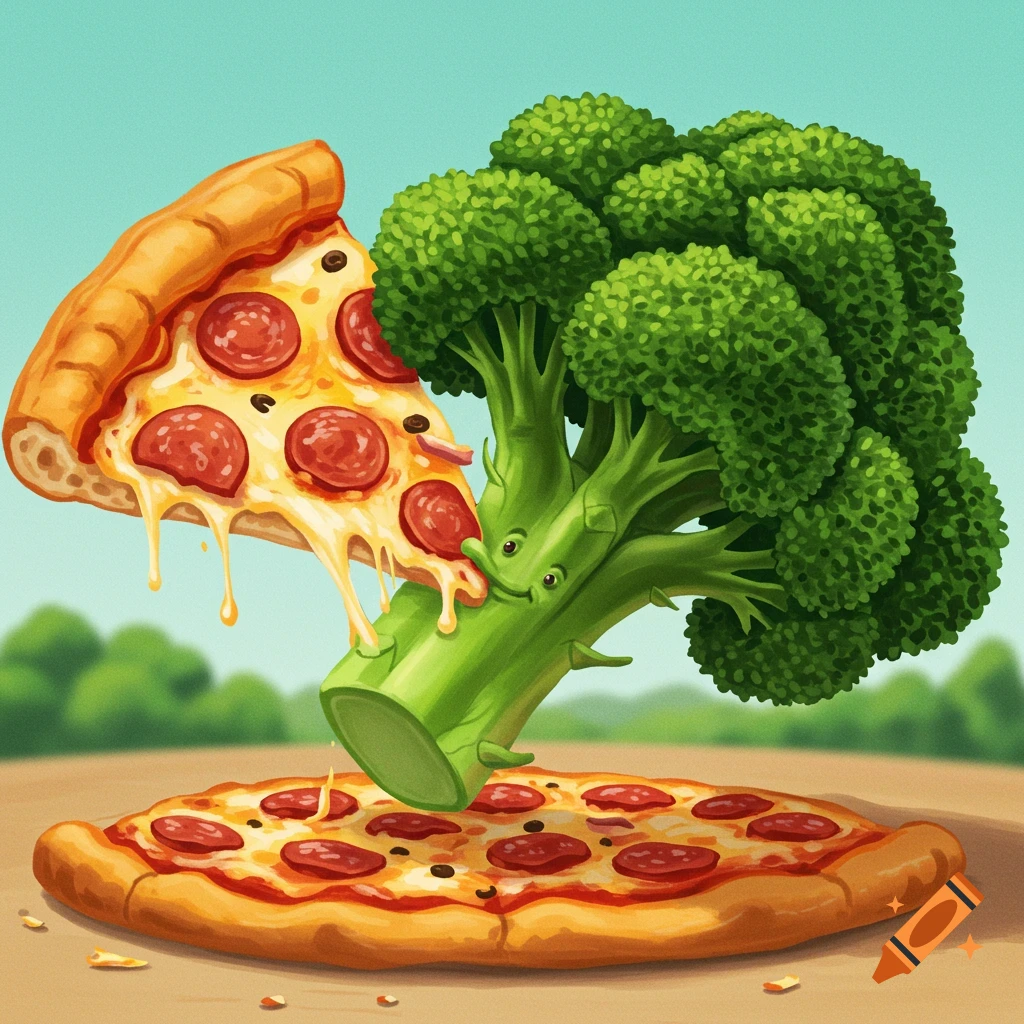 A cartoon slice of pizza eating a broccoli stalk with a face, above a whole pizza.