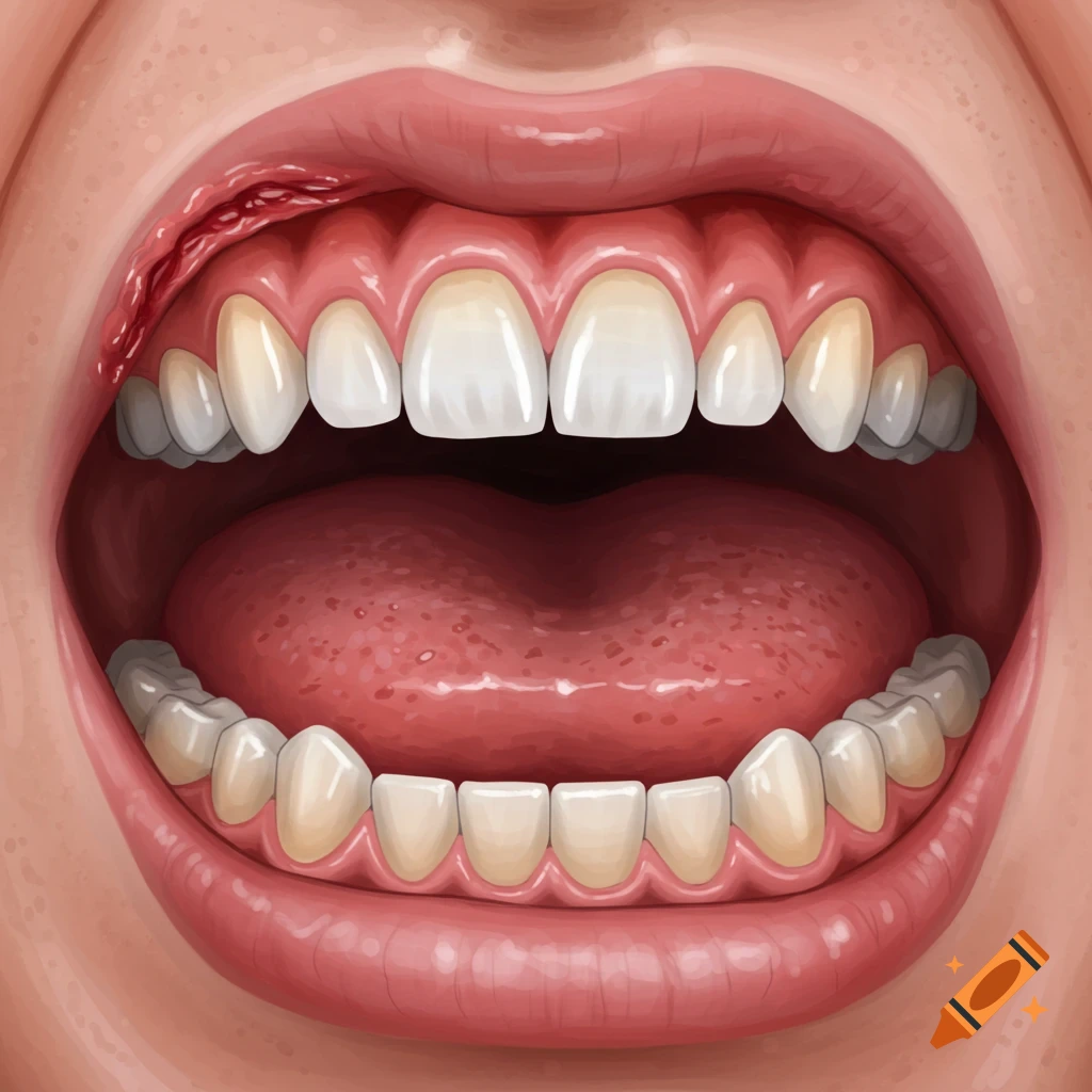 An open mouth with teeth, tongue, and a healing gum.