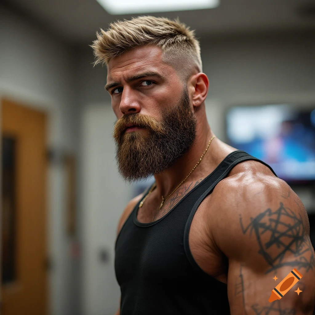 Close-up portrait of a muscular man with a beard and fade haircut in a gym.