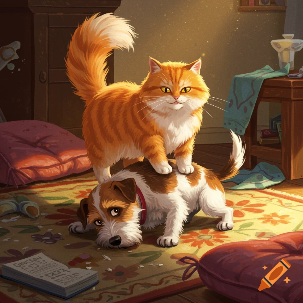 An orange cat stands on the back of a small dog on a rug in a room.