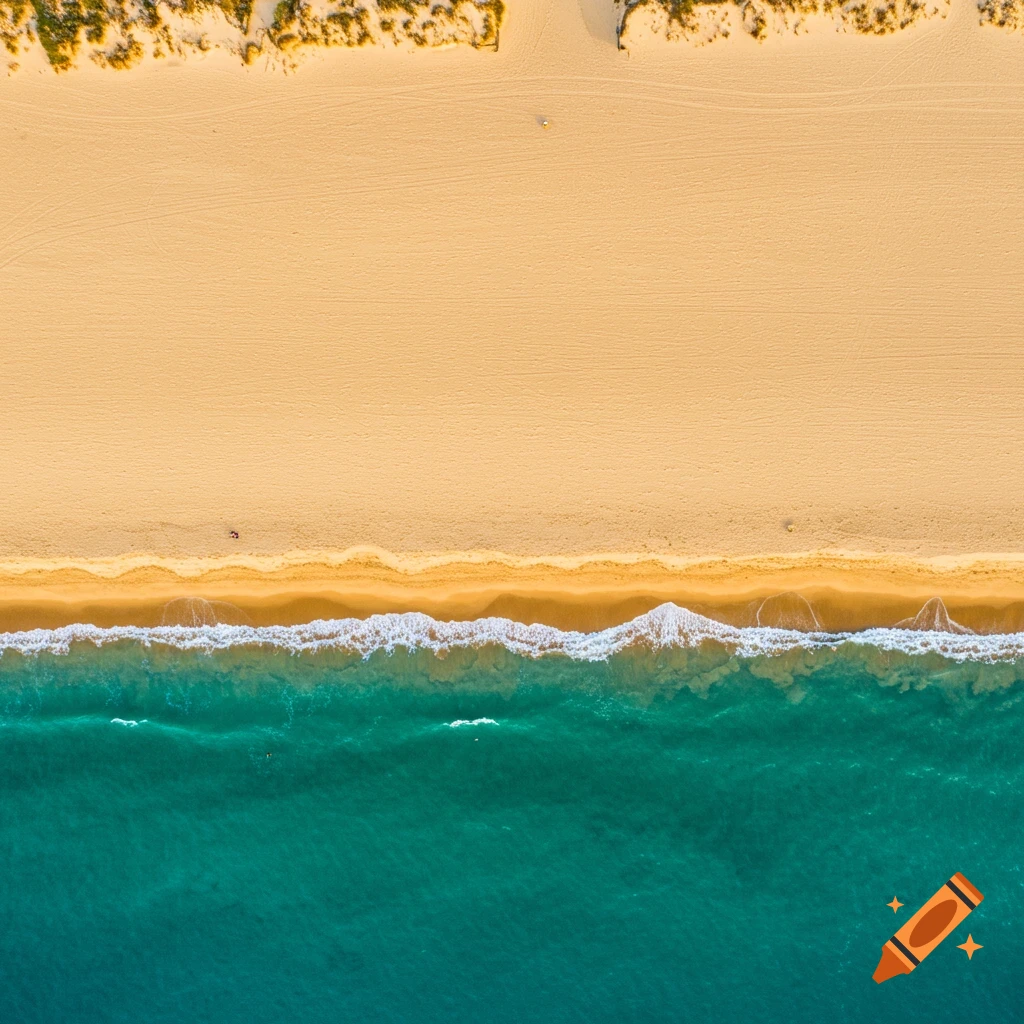 Aerial view of a beach with golden sand meeting white waves and blue-green ocean.