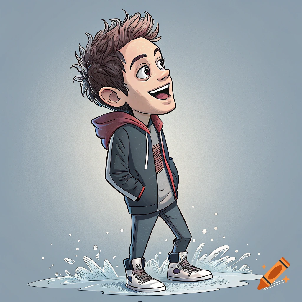 A cartoon boy with spiky hair smiles looking up, standing in splashing water.