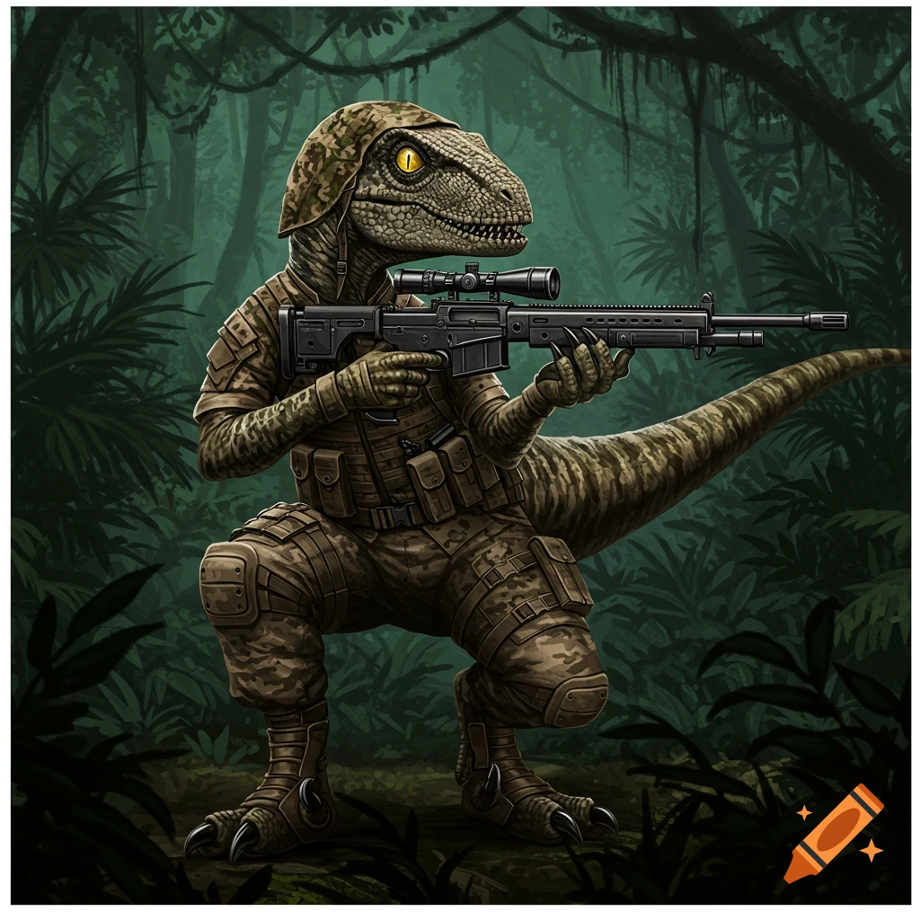 Illustration of a velociraptor in military camouflage with a sniper rifle, crouching in a jungle.