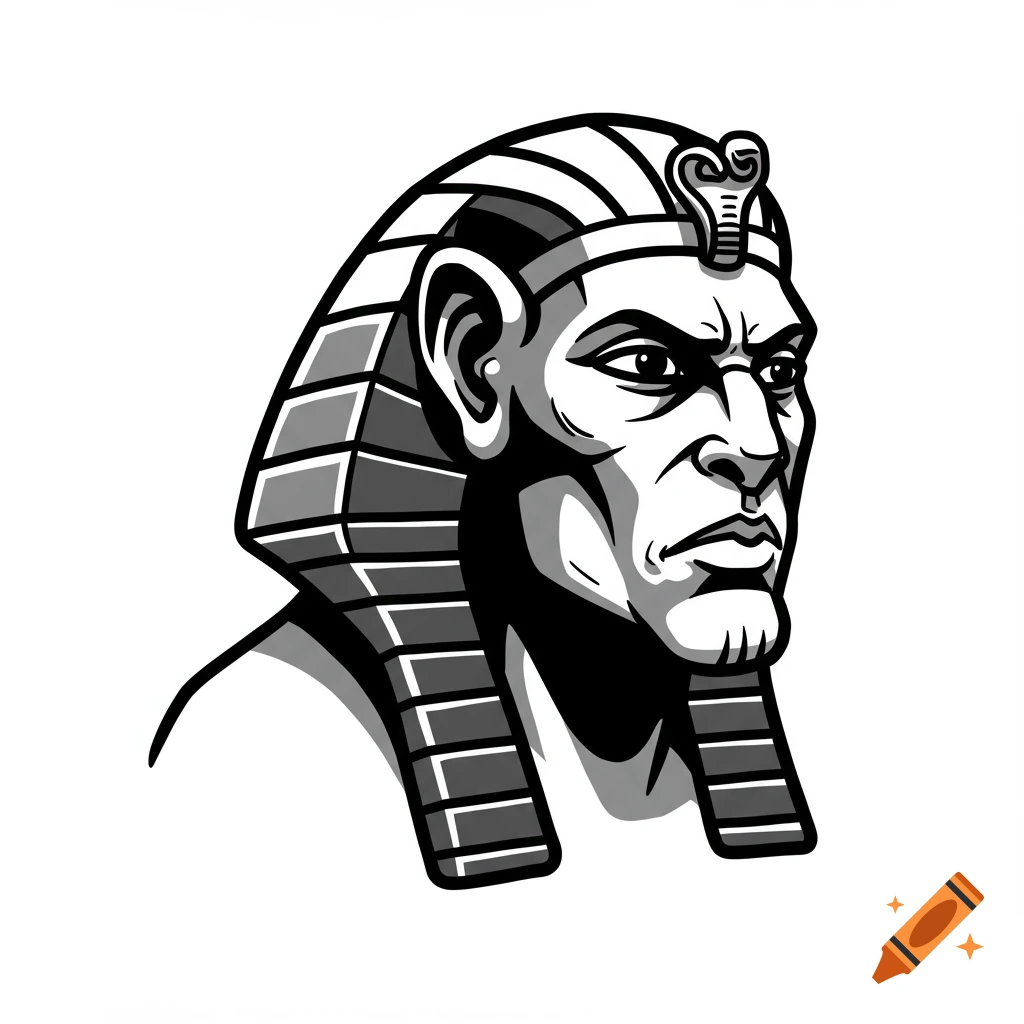 Black and white vector illustration of an ancient Egyptian pharaoh's head.