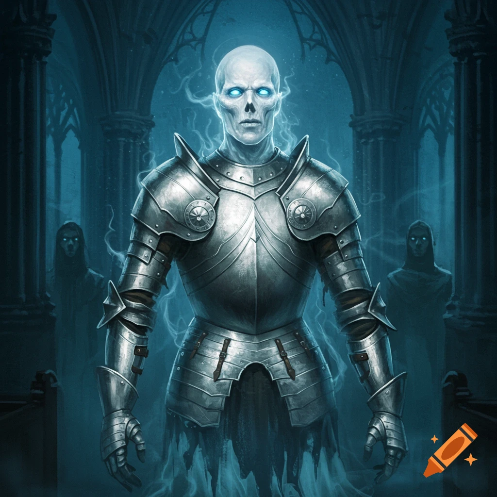 A glowing skeletal ghost in detailed silver armor stands in a dark, gothic hall with shadowy figures in the background.