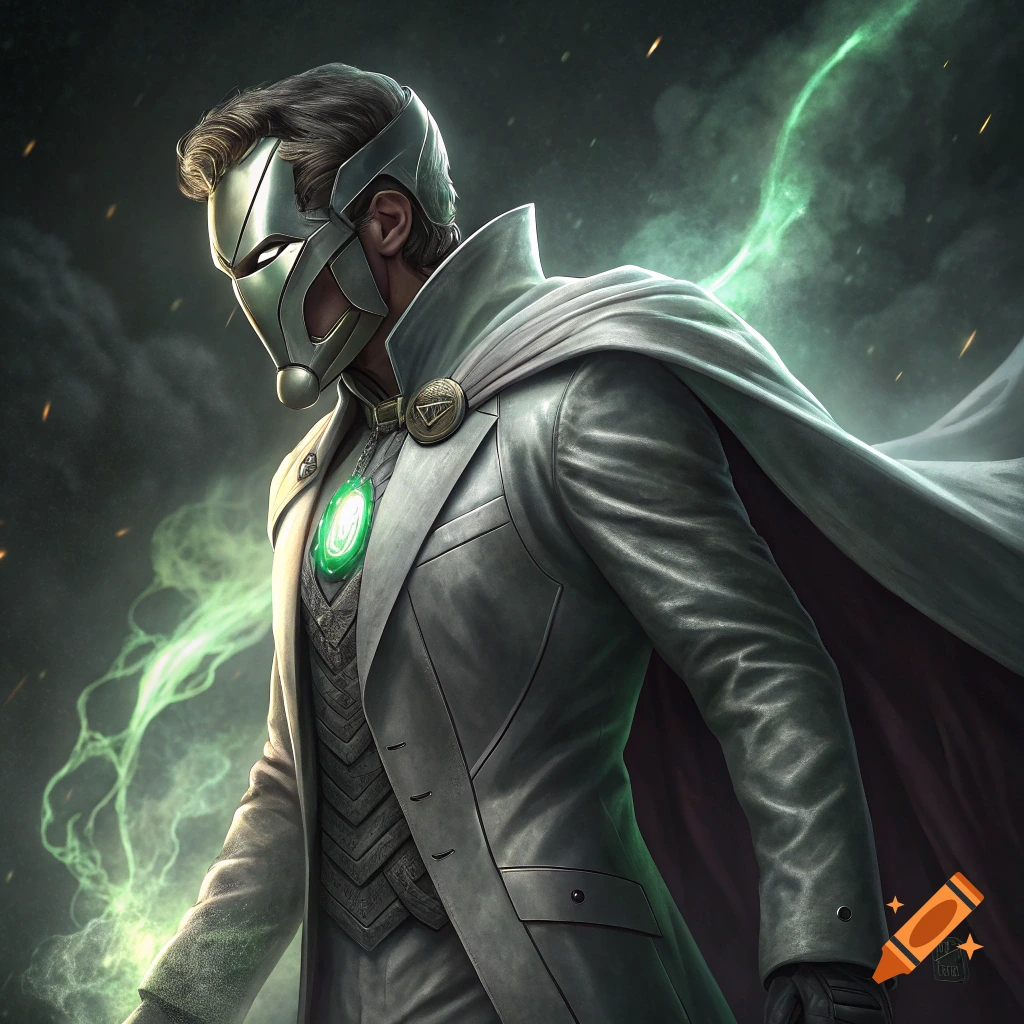 A masked figure in a white coat and cape stands with green energy effects.