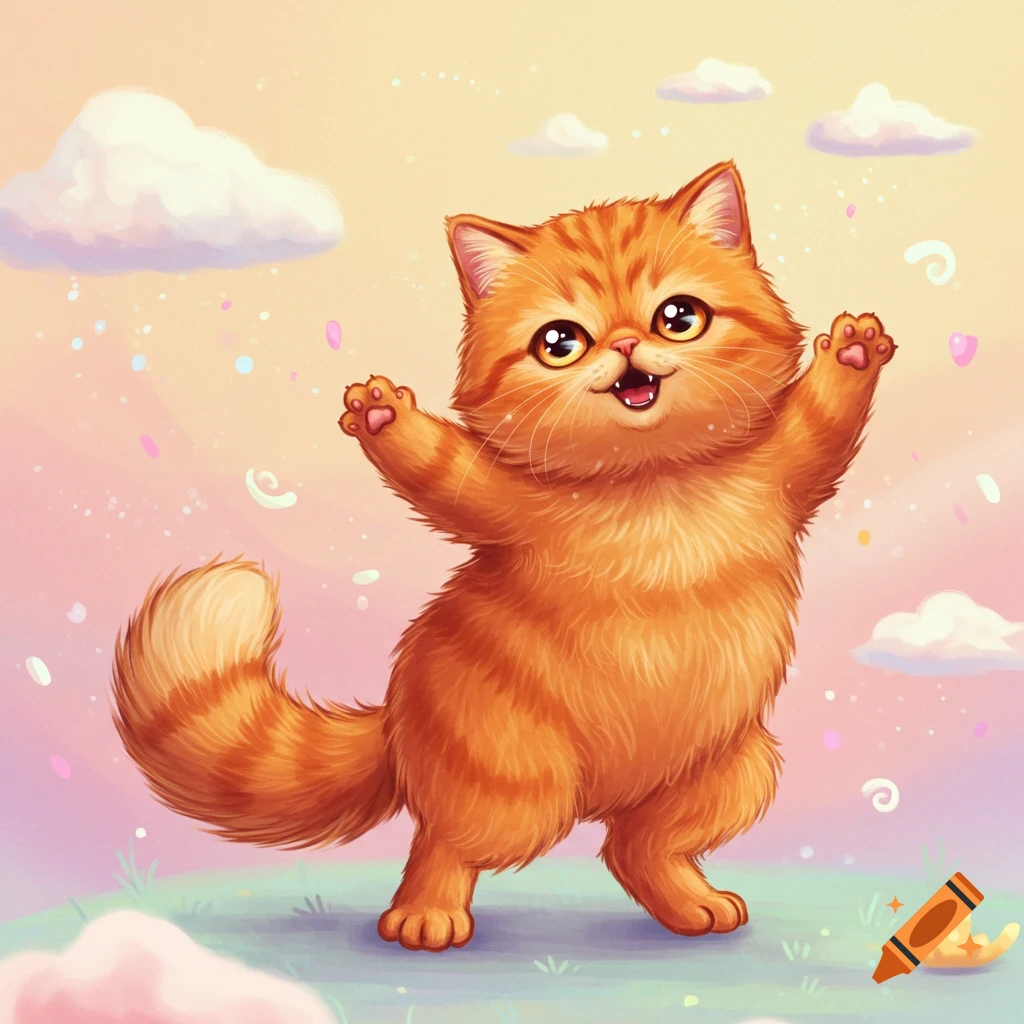 A cute orange cartoon cat dances with paws raised in a pastel background with clouds and sparkles.