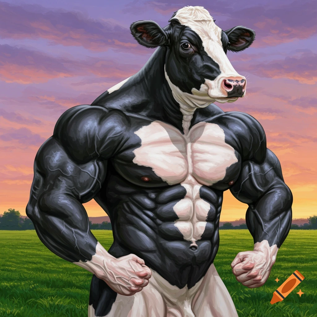 An extremely muscular Holstein cow stands in a field at sunset. on Craiyon
