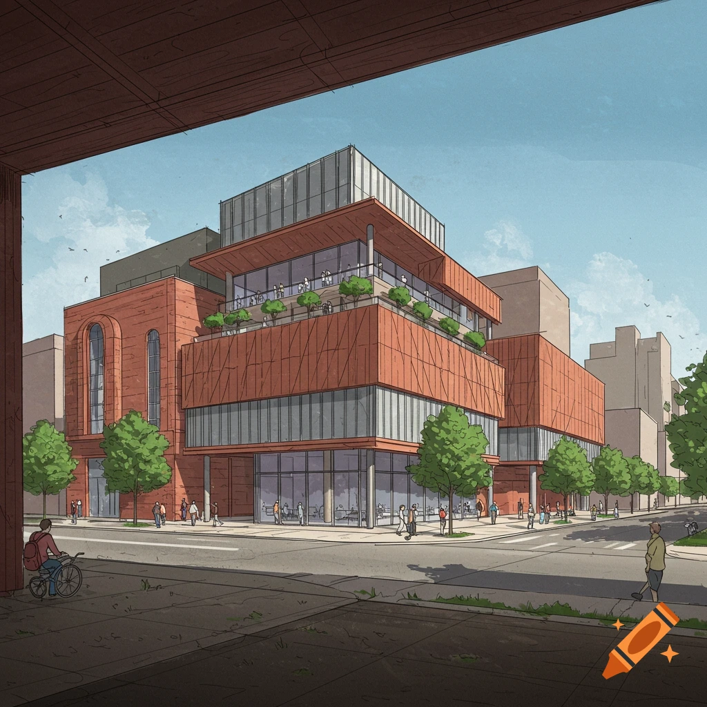 Modern building with large windows and trees along a city street, with pedestrians and a cyclist.