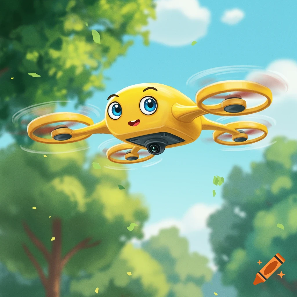 A yellow cartoon drone with a face flies in a park.