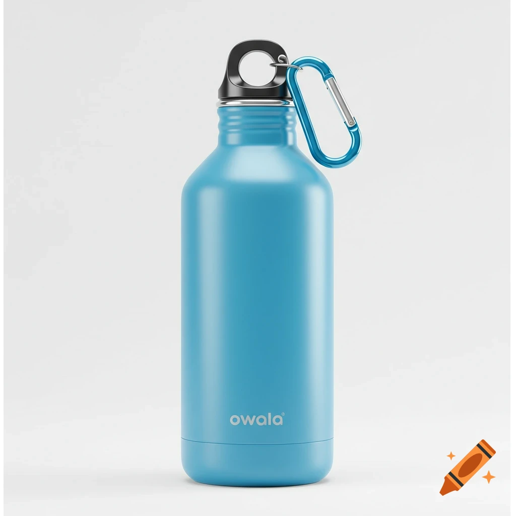 A blue Owala water bottle with a carabiner attached.