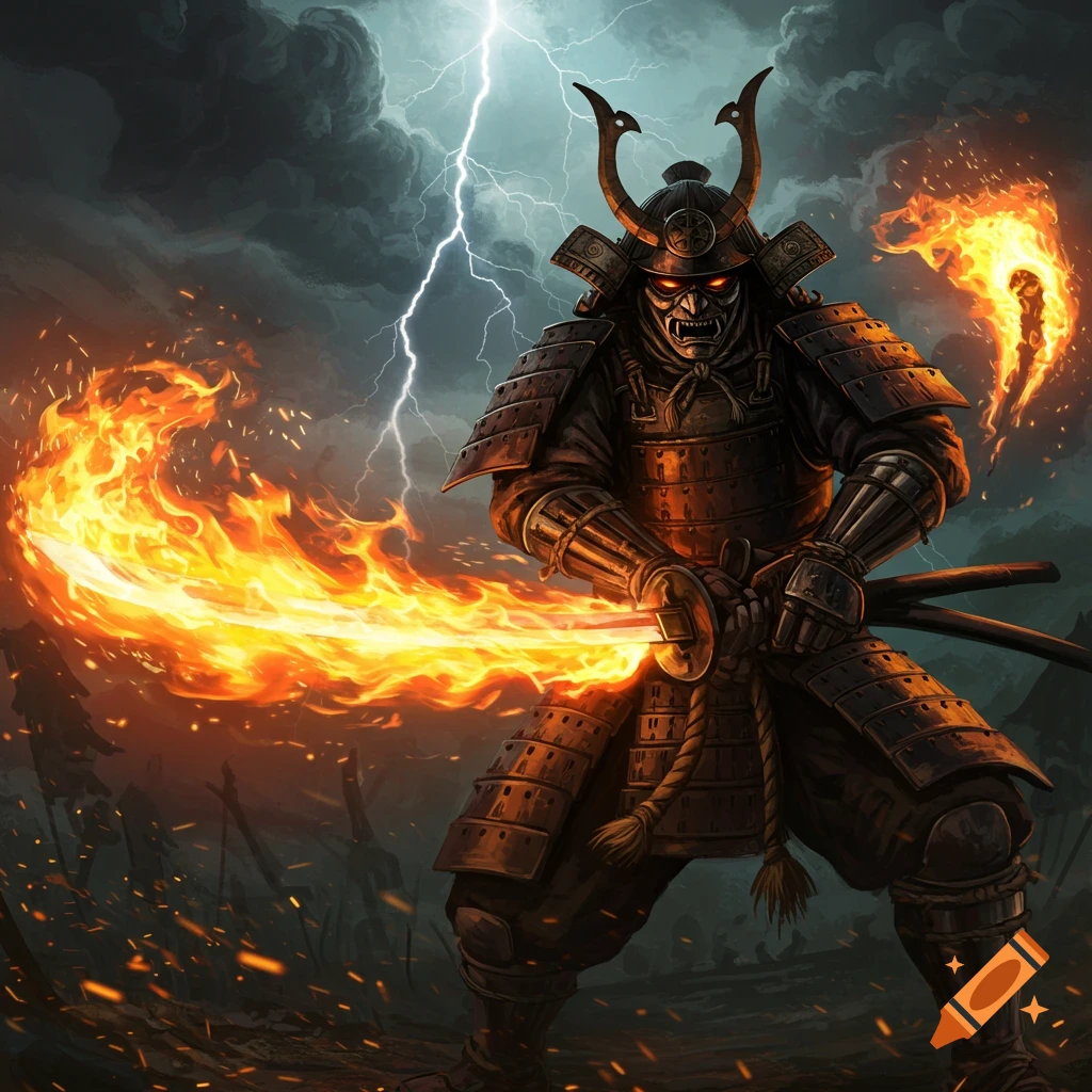 A samurai warrior with a flaming sword stands against a stormy sky with lightning.