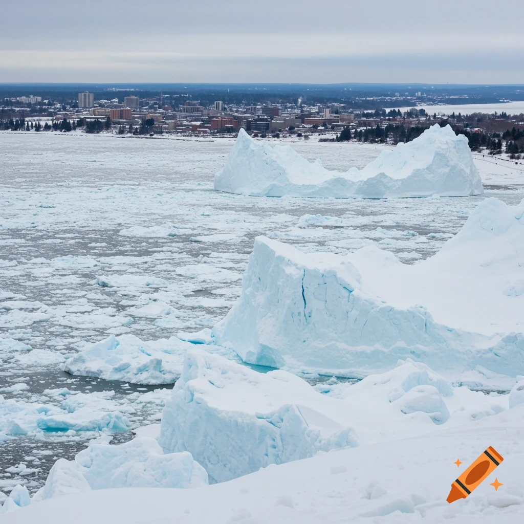 Large icebergs and floating ice in a body of water with a snowy city skyline in the distance.