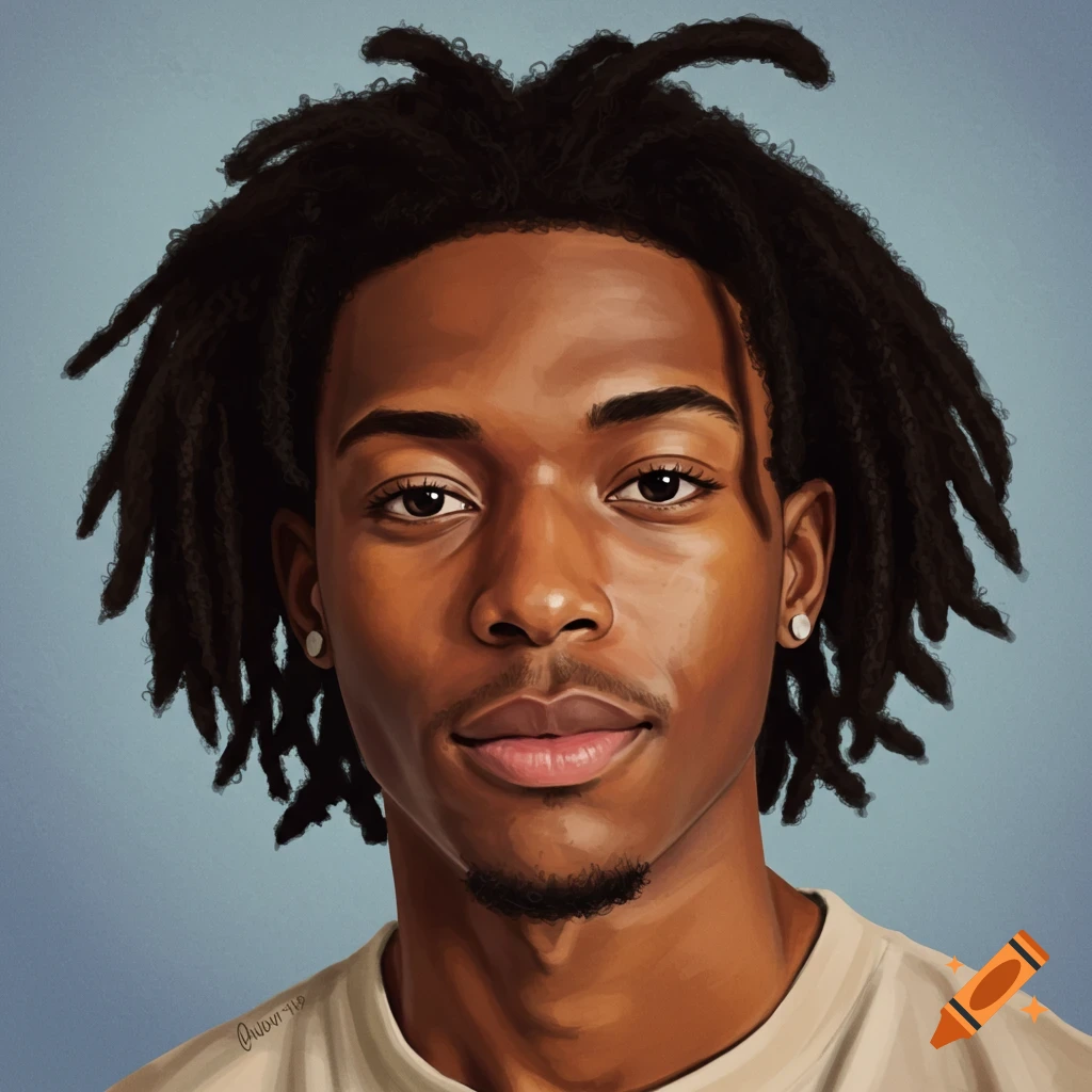 Portrait of a young Black man with medium length dreadlocks.