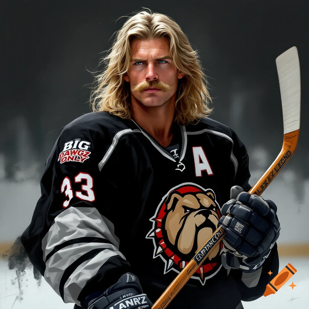 Portrait of a man with blonde hair and mustache in a black hockey jersey, holding a hockey stick.