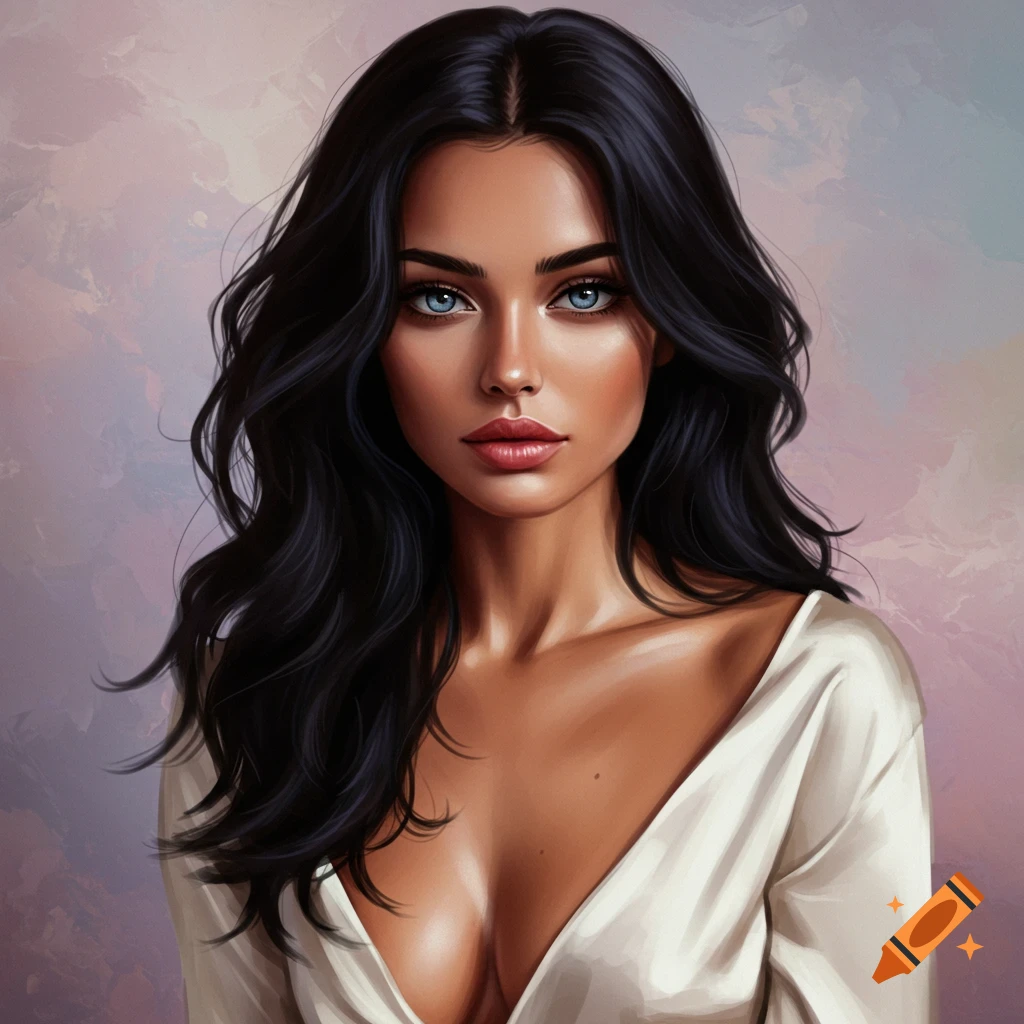 Painting of a woman with dark hair and blue eyes