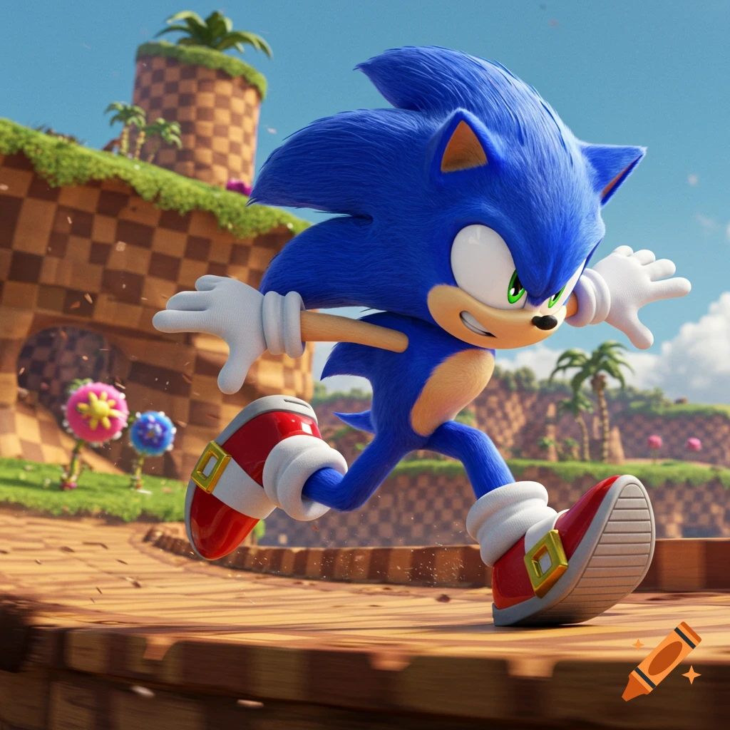 Sonic the Hedgehog runs through a stylized green hill zone environment.