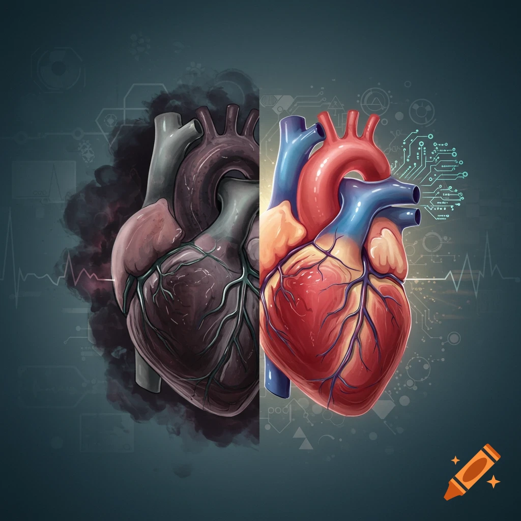 Illustration of a human heart split down the middle; one side dark and unhealthy, the other bright and healthy with technology circuits.