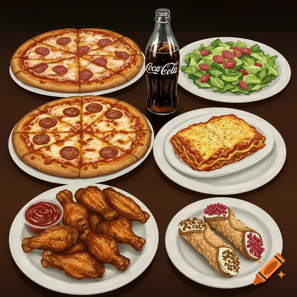 A table laden with pizza, chicken wings, lasagna, salad, soda, and cannoli.
