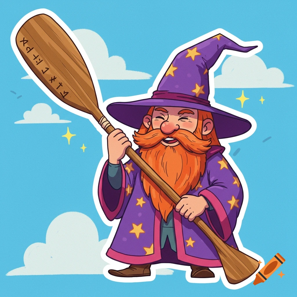 A cartoon sticker of a dwarf wizard holding a canoe paddle like a staff.