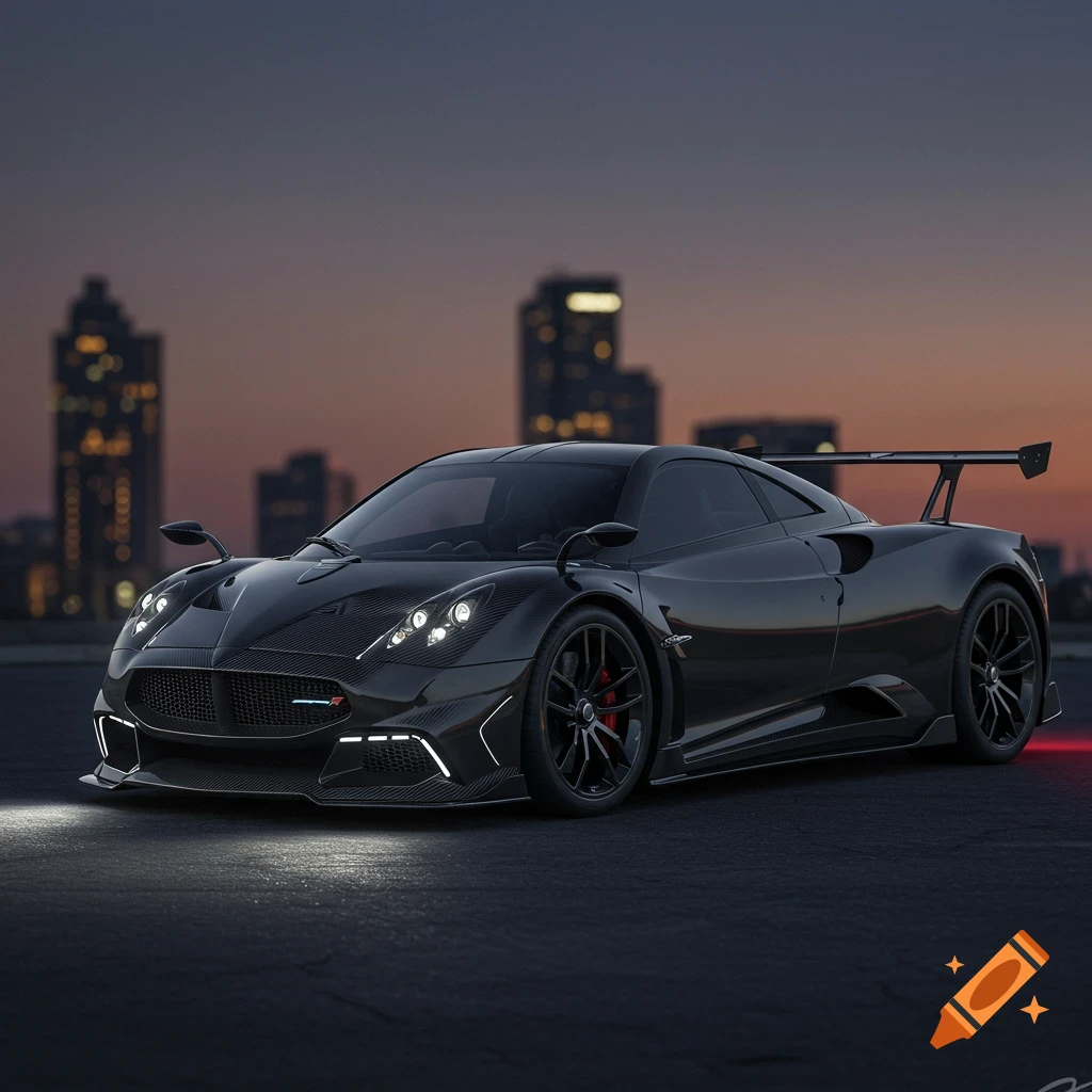 A hyper-realistic black sports car parked at dusk in an urban setting.