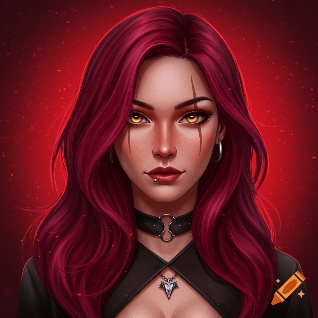Portrait of a woman with red hair, glowing amber eyes, and dark clothing against a red background.